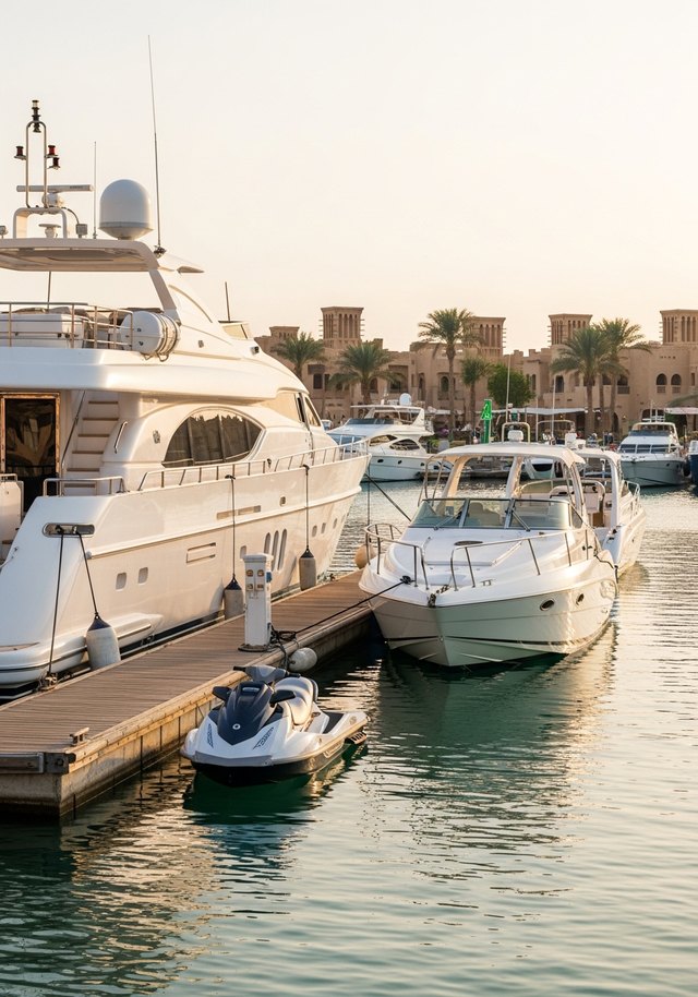 Busy Red Sea marina with a large white luxury yacht and sleek speedboat