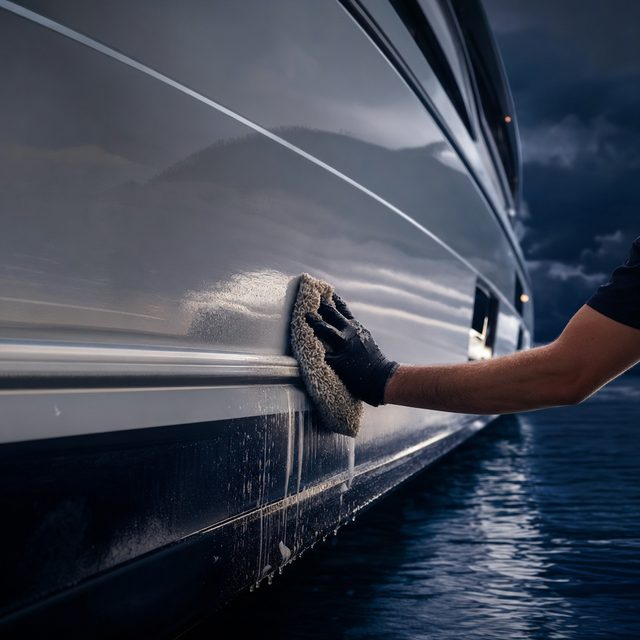 Hand-washing a white hull to remove salt and buildup